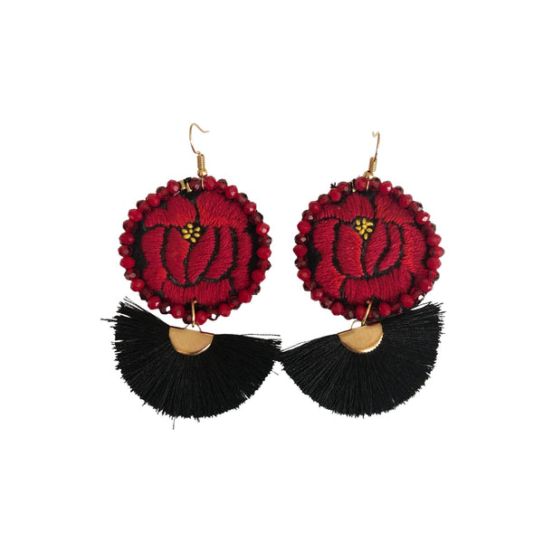 Aretes de flor Istmeña bordada a mano (rojo)